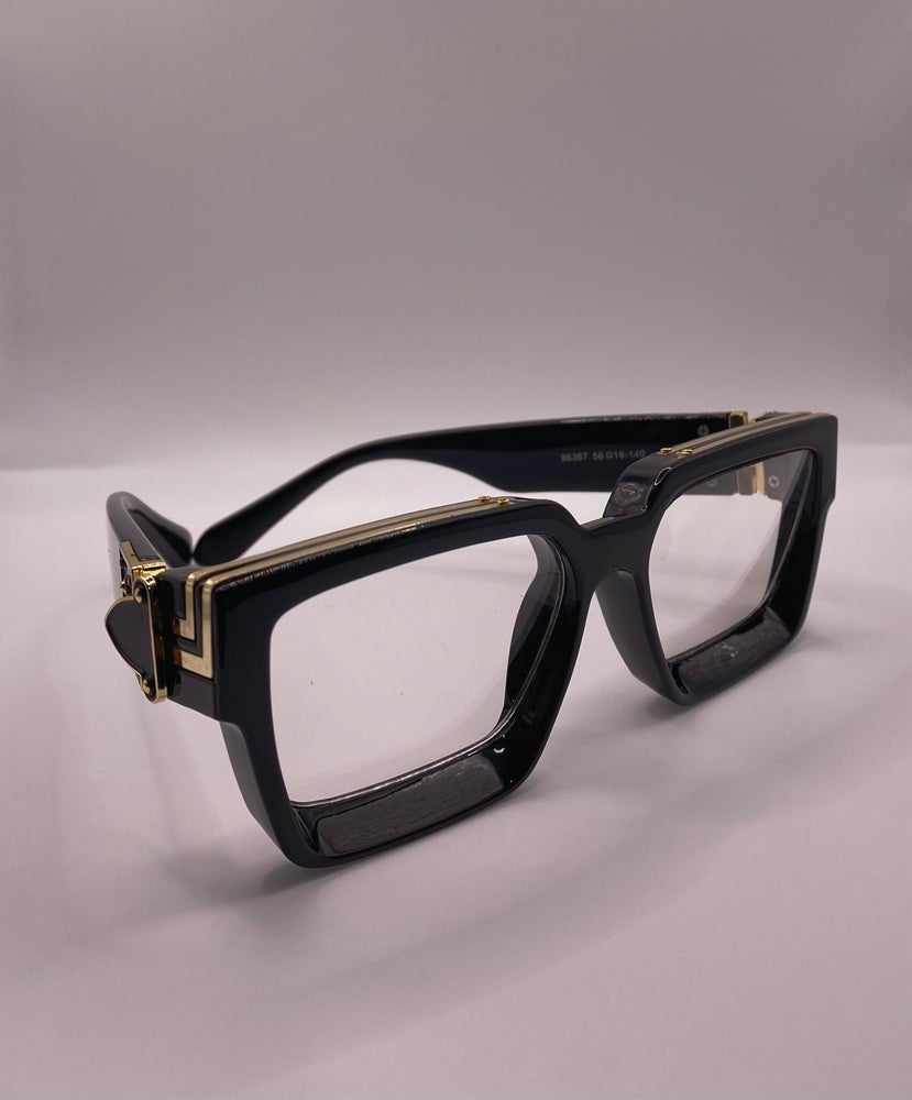 black and gold square frame unisex sunglasses with clear lens 