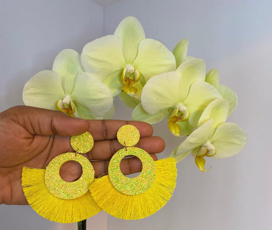 yellow fan earrings with yellow glitter detail