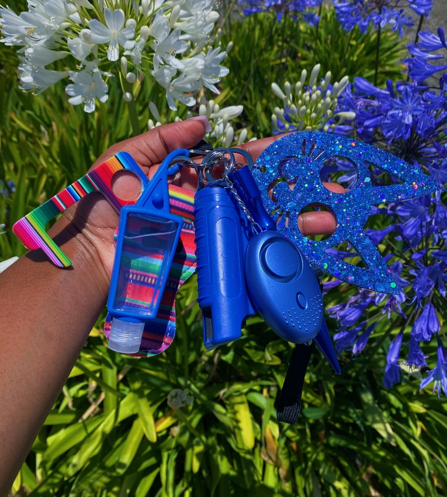 royal blue self defense keychain including Cat self-defense pendant  Alarm  Kubaton  Mace  No touch door opener tool/ phone stylus  Hand sanitizer  lip gloss holder w/lip gloss 