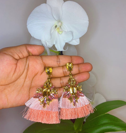 pink tassel earrings with gold and pink rhinestones