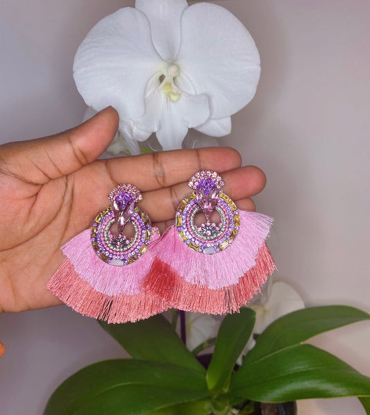 baby pink and fuchsia fan earrings with gold, purple, pink and silver rhinestones