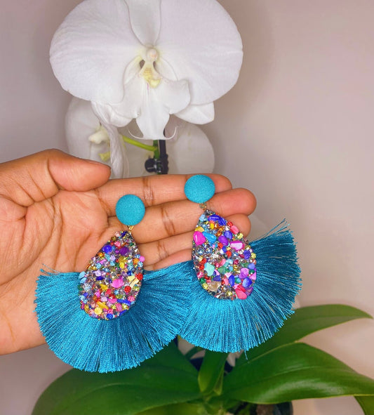 turquoise fan earrings with multicolored rhinestone details 