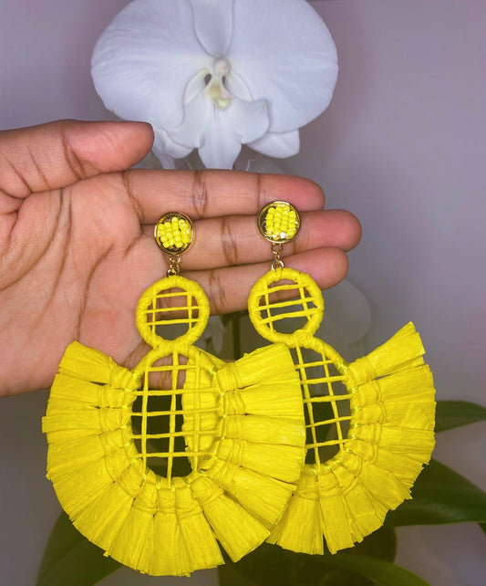 yellow wicker fan earrings with yellow beaded detail