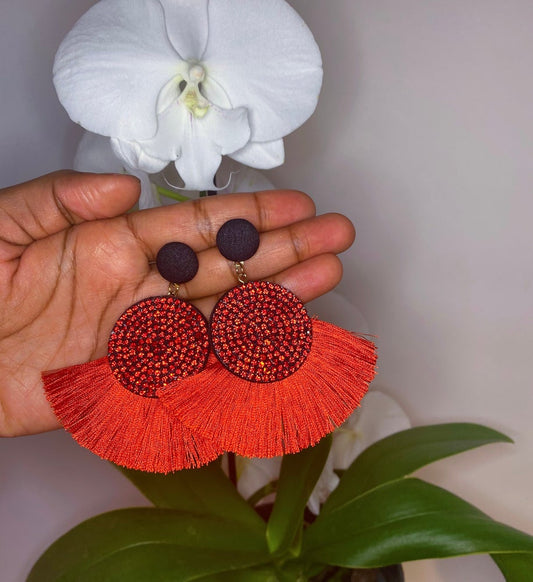 red fan earrings with round red rhinestone center and black detail