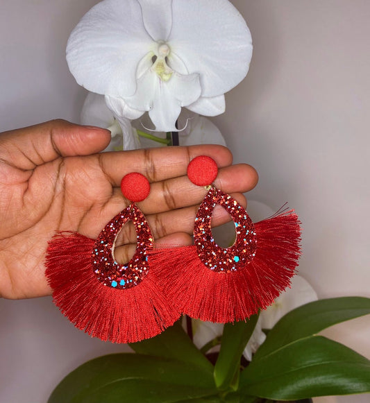 red fan earrings with red glitter detail