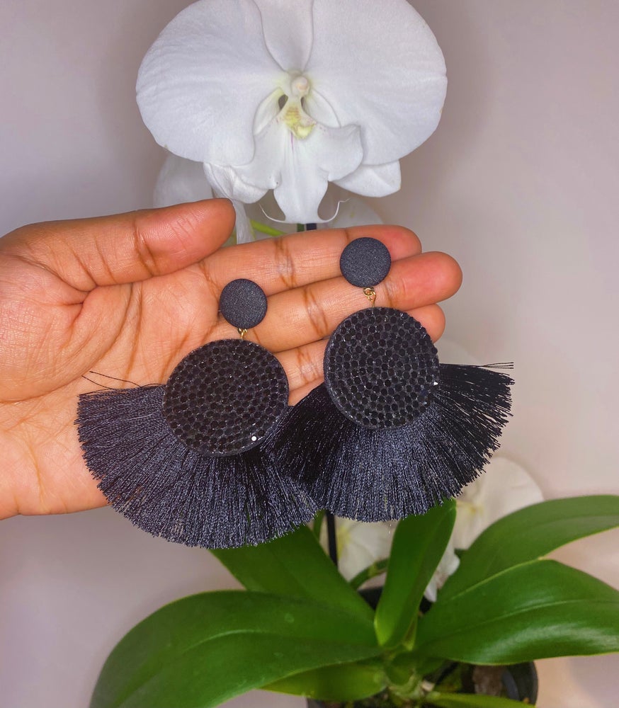 black fan earrings with black rhinestone center
