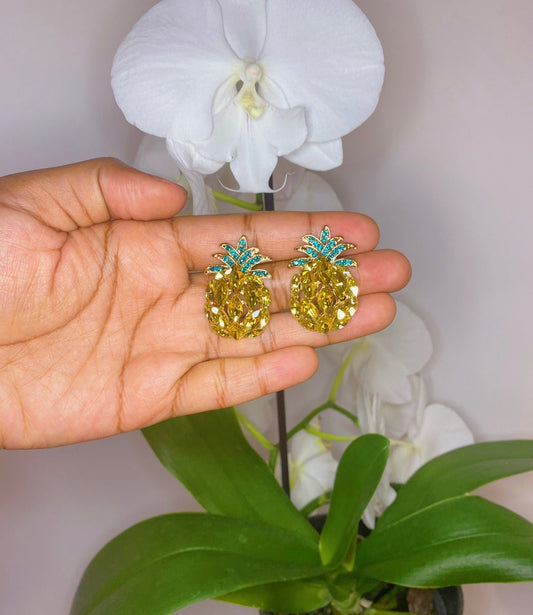 gold and green rhinestone pineapple earrings