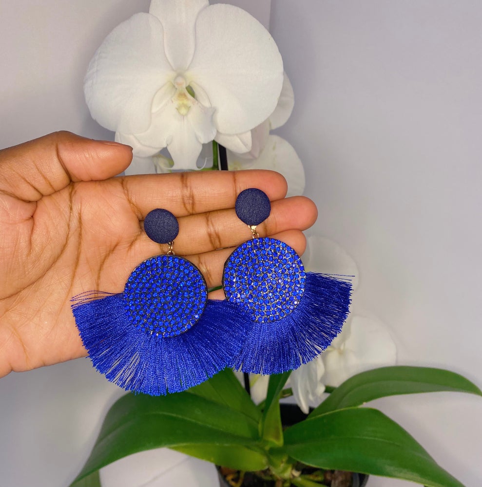 royal blue fan earrings with royal blue rhinestone center 